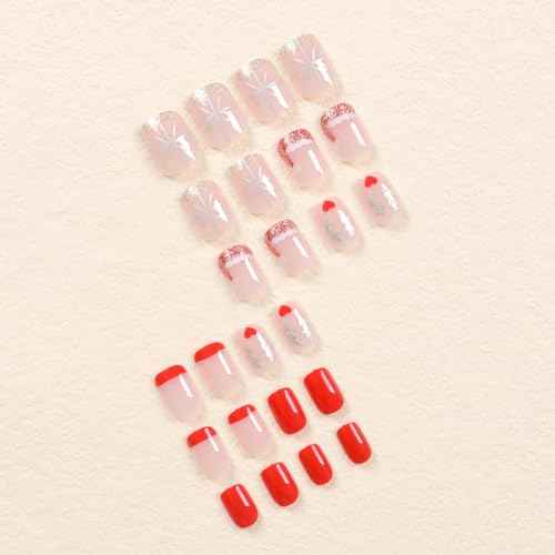 24 Pcs Christmas Press on Nails Short Square - YEFIUO Cute Pink Fake Nails Press ons Winter Xmas Gold Glitter French Nail Art Tip Full Cover Acrylic False Nails Glue on Nails Kit with Design for Women