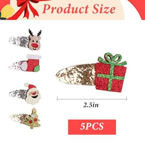 5pcs Christmas Hair Clips for Girls, Cute Reindeer Hair Clips Sparkly Sequins Hairclips Glitter Santa Clause Hair Barrettes Snap Clips, Christmas Hair Accessories Party Favors Gifts for Girls Toddlers
