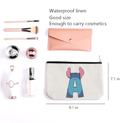 LONGXIN Cute Cartoon Gifts Initial Personalized Makeup Bag Monogrammed Cosmetic Bags Small Makeup Pouch Birthday Christmas Gifts for Women Girls (A)