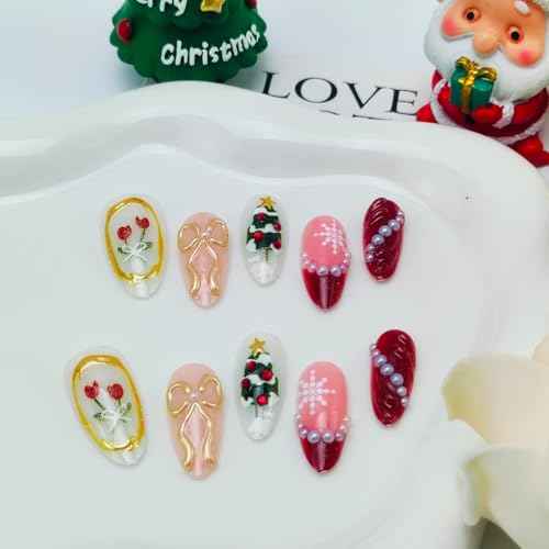 30Pcs Christmas Press on Nails Medium Almond Fake Nails Red French Tip Nails with Pearl Rhinestones Design 3D Bow False Nail Xmas Tree Flower Acrylic Nail Christmas Snowflake Glue on Nail for Women