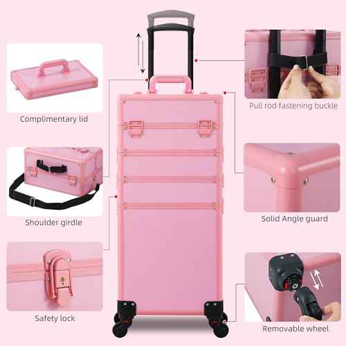 Makeup Train Case, Rolling Makeup Case with Lid, 5 in 1 Cosmetology Case on Wheels, Christmas Gift, Large Makeup Case Organizers, Profesional Cosmetic Case for Salon Barber, Pink