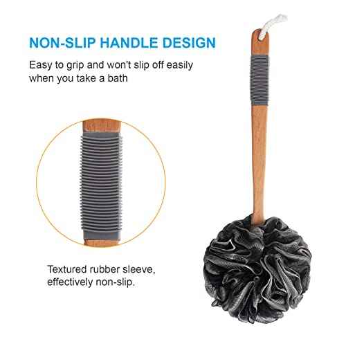 AmazerBath Shower Sponge Loofah Back Scrubber, PE Soft Mesh Loofah Body Scrubber with Long Wooden Handle, Bath Sponge for Men Women (Black)