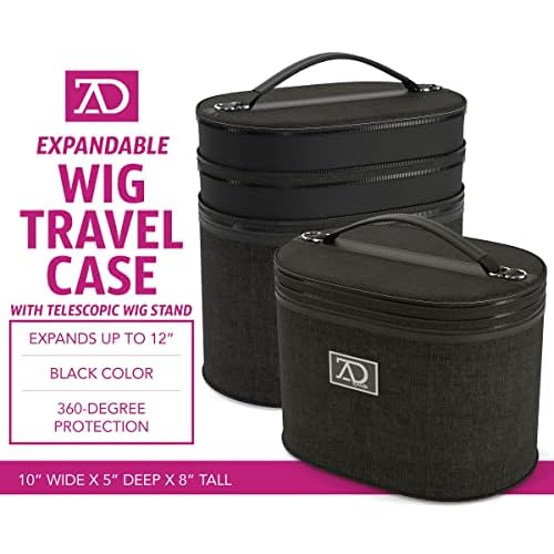 Wig Travel Case - 8"-12" High Wig Box with Collapsible Wig Stand - Dome Foam Wig Head Stand in Zipper Carrying Case w/Handle for Safe Traveling Storage of Wigs, Lace Front Cap, Toupee (Denim Black)
