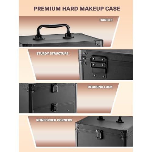 Qislee Makeup Box with Drawer and A Detachable Lighted Mirror, Waterproof Travel Train Case, Cosmetic Organizer and Makeup Suitcase with Adjustable Dividers, Magnetic LED Mirror (Black)