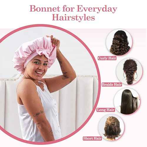 Tie Band Silk Satin Hair Bonnet for Sleeping Women Curly : Sleep Night Wrap Cap for Straight Wavy Coily Kinky Natural Hair Head - Pink