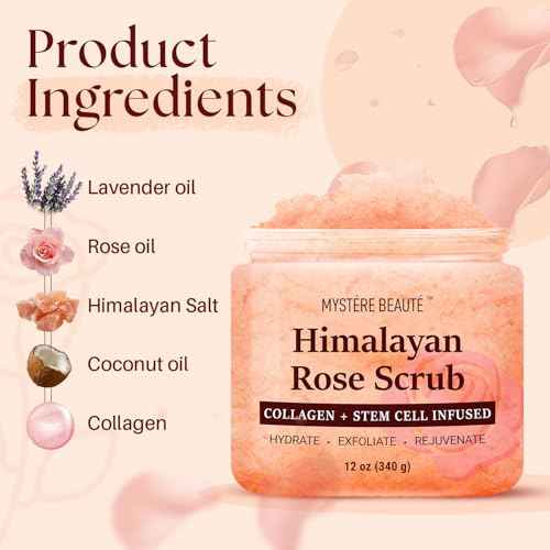 Himalayan Salt Body Scrub 12 oz - with Collagen and Stem Cells - Exfoliating Salt Scrub for Cellulite - Deep Cleansing for Acne, Scars, Wrinkles - Moisturizes Skin