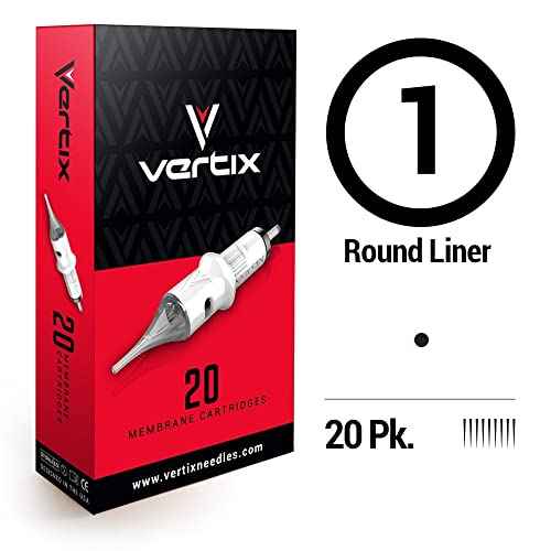 Vertix - 1 Round Liner, Pack of 20 Membrane Tattoo Machine Cartridges - Transparent Detachable Tip, Minimize Tattoo Pen Machine Vibration