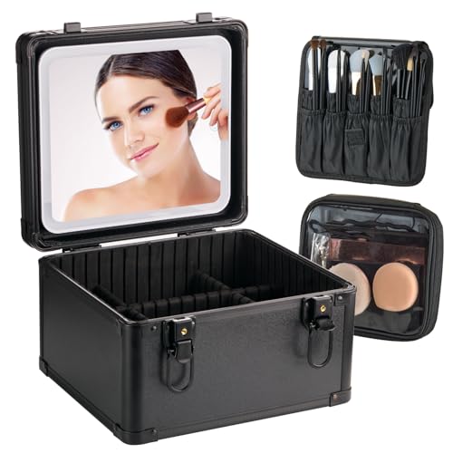 Makeup Case with Lighted Mirror, Travel Makeup Bag Organizer with 3CCT LED Mirror, Cosmetic Bag for Women with Adjustable Divider, Makeup Storage Box with Lock, Waterproof Travel Train Case