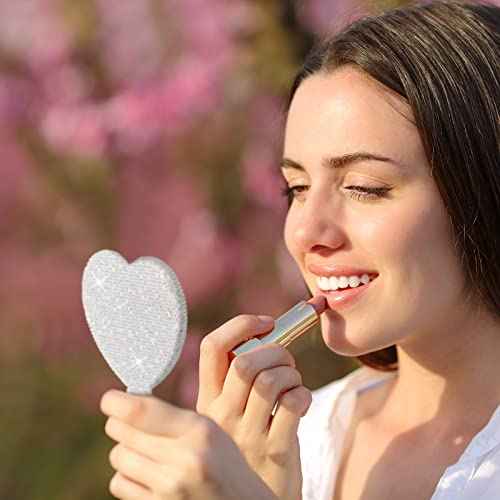 Tatuo 2 Pcs Rhinestone Mirror Handheld Bling Heart Lip Shaped Hand Mirror Glitter Cosmetic with Handle Portable Cute Travel Makeup Lash for Women (Pink and White)