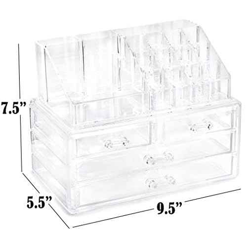 Masirs Clear Makeup Organizer - 16-Compartment Cosmetic and Jewelry Holder with 4 Drawers - Vanity Storage Box for Makeup, Skincare, Accessories, and Jewelry Display