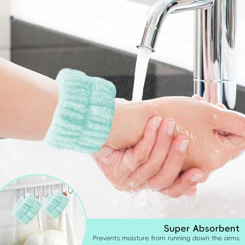 Spa Headband For Washing Face with Hair Clips Wristbands 6PK for Women Girls, Soft-Puffy Velvet Makeup Headbands for Makeup, Skincare (Green)