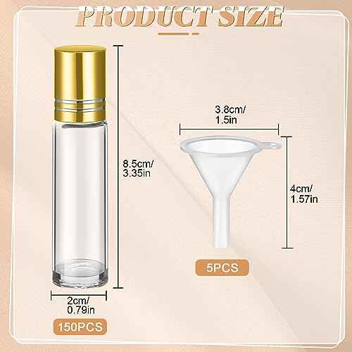 Sumind 150 Pcs Essential Oil Roller Bottles 10 ml Glass Empty Roll on Bottles with Stainless Steel Balls Leak Proof with 5 Funnel for Travel Essential Oil(Gold)
