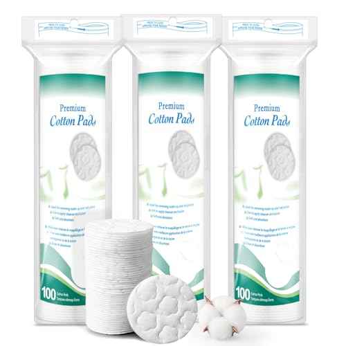 Premium Cotton Rounds for Face, 300 Count Makeup Remover Pads, 100% Pure & Natural Facial Cleansing Round Pads, Hypoallergenic, Lint-Free