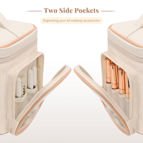 Large Makeup Bag, Portable Travel Makeup Bag Organizer for Women Girls with Makeup Brush Compartment & Two Side Pockets, Cosmetic Travel Bag Vertical Storage Toiletry - White