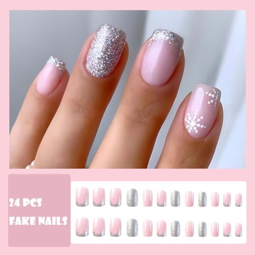 24 Pcs Christmas False Nails Square Snowflake Press on Nails Xmas Square Red Fake nails Acrylic Full Cover Stick on Nails for Women and Girls (M)