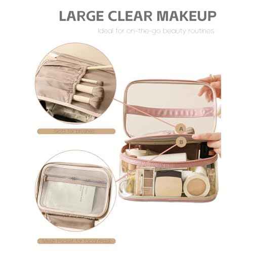 Large Clear Makeup Bag Big Cosmetic Bags Waterproof Toiletry Orangizer with Handle Transparent Toiletries Case Travel Pouch for Women Girls Daily Beauty Purse Essentials Skincare Bag Off White
