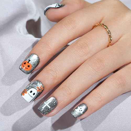 Halloween Press On Nails - Pumpkin Nail Gray Cat Eye Halloween Nails, Acrylic Short Square Nails Press On with Nail Glue, Fit Perfectly & Natural Stick On Nails in 16 Sizes - 32PCS Soft Gel Kit