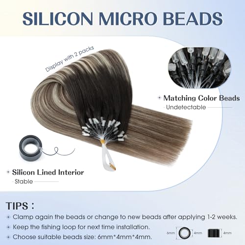 Hairro Microlink Human Hair Extensions Remy Highlight Pre Bonded Cold Fusion Keratin Glue T Tip Hairpieces For Women 22 Inch 50g 50 Strands #1BT4P60 Natural Black to Medium Brown&Platinum Blonde