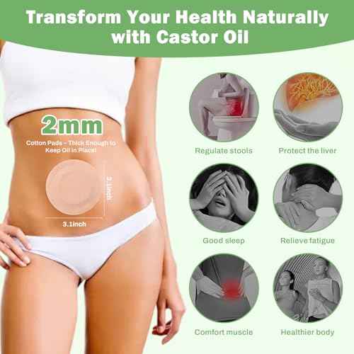 30Pcs Castor Oil Pack Wrap for Belly Button with 4oz Organic Castor Oil in Glass Bottle, Highly Absorbent Cotton Belly Button Patches Self Adhesive