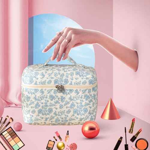 Makeup Bag, Quilted Cosmetic Bags, Large Cotton Floral Makeup Bag for Women, Cute Flower Coquette Aesthetic Travel Toiletry Organizer Bag