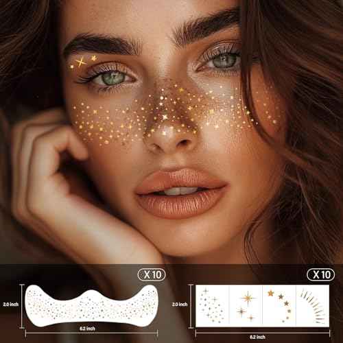 20 Pcs Gold Face Makeup Patches, Sparkle Makeup Patches, Glitter Freckles Face Tattoo, Glitter Freckles, Waterproof Face Glitter Speckles Patches for Helloween (GOLD)