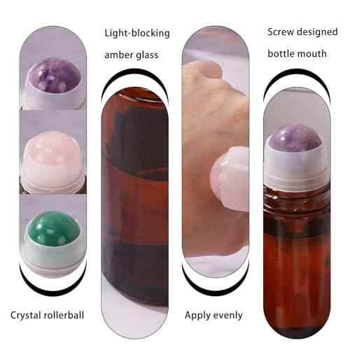 1.7oz Large Amber Glass Roll on Bottles for Essential Oils Perfume Refillable Roller Ball Applicator Empty Deodorant Containers with Pink Crystal Rollerball