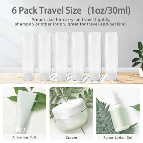 6 Pcs 1 oz Travel Size Toiletries Refillable Travel Bottles, Squeeze Travel Toiletry Bottles with Labels for Toiletry Makeup Travel Containers