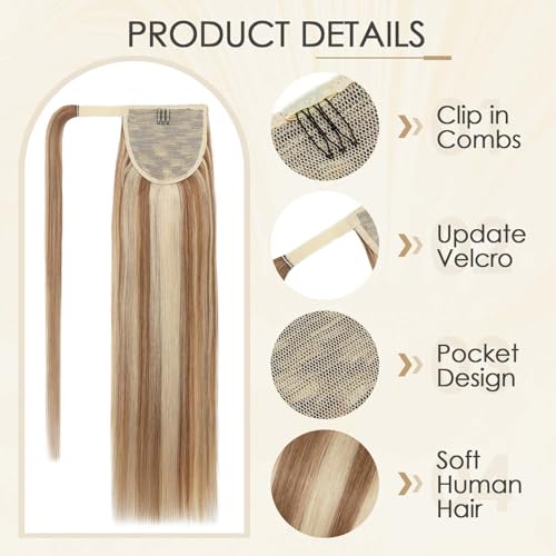 Benehair Ponytail Extension Wrap Around Ponytail Hair Extension with Magic Paste Human Hair Natural Long Straight One piece Hairpieces for Women 22inch Adding Volume Golden Brown&Bleach Blonde #12P613