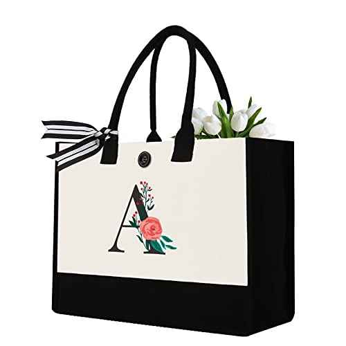 Initial Canvas Tote Bag, Personalized Birthday Gifts for Women Mom Friends Teachers, Monogrammed Tote Bags Suitable for Mother's Day Wedding Beach (Letter A)
