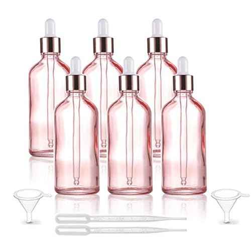 6 Pcs,3.4 Oz Pink Glass Dropper Bottle for Essential Oils,Empty Glass Massage Oil Bottle Holder With Glass Reagent Pipette,Aromatherapy Perfume Travel Vial Container-FREE Pipette,Funnel included