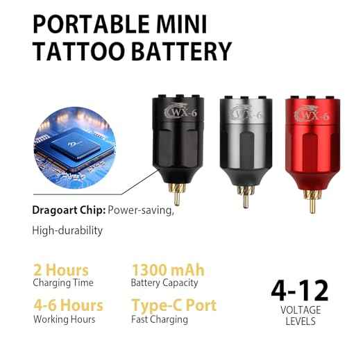 Dragoart New WX-6 Tattoo Power Supply 4-12v Tattoo Battery 1,300mAh Rechargeable USB LED Digital Screen, Lightweight for Tattoo Machine Tattoo Pen Wireless Tattoo Gun PMU Machine (RCA,Black)