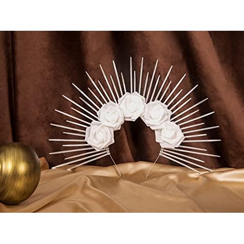 Fantherin Halo Crown with Roses Womens Mexican Flower Goddess Rose Spiked Sun Headpiece for Cosplay Halloween Costume