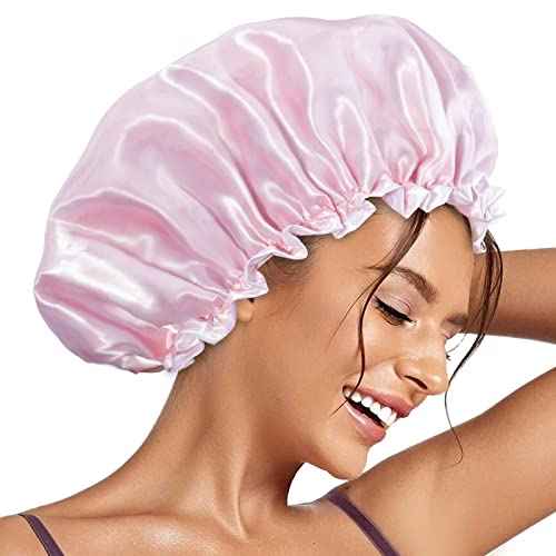 Aquior Shower Caps, Reusable Shower Cap for Women, Double Layer Waterproof Bonnet Hair Cap, Large Size for All Hair Lengths,for Girls Spa Home Salon Use (Pink Cloud)