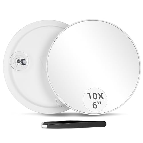 10X Magnifying Mirror with 3 Suction Cups - 6'' Stick on Makeup Magnification 10X Travel Magnified Mirror Portable Handheld Magnification and Tweezers Set for Travel, Makeup, Bathroom