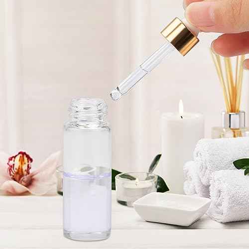 15Pcs Glass Essential Oil Bottles Tiny Clear Perfume Dropping Bottle Refillable Cosmetic Sample Vials Pot with Gold Cap and White Latex (5ml)