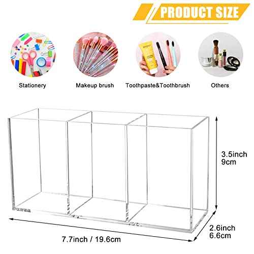 Clear Makeup Brush Organizer,Acrylic Cosmetic Brushes Storage Holder with 3 Slots,Pencil Pen Holder for Desk,Desk Organizer and Accessories for Vanity