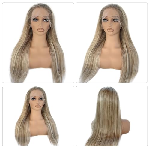 Highlight Ombre Ash Blonde Lace Front Wig Human Hair for White Women, 13x4 Invisible Lace Lace Frontal Wig Pre Plucked Natural Hairline Full 180% Density Real Human Hair Glueless Wigs with Brown Roots