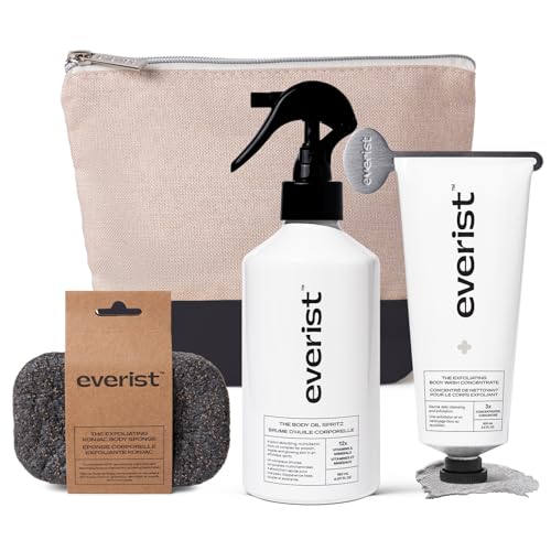 Everist The Exfoliating Body Ritual Set, 3.4 fl. oz Exfoliating Body Wash Concentrate, 6.09 fl. oz Body Oil Spritz & Konjac Sponge in Jute Travel Bag, Cleansing & Hydrating For All Skin Types