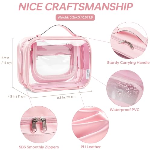 Clear Makeup Bag Toiletry Bag for Women 4 Compartments Travel Cosmetic Case Large Capacity Waterproof Skincare Pouch Organizers with Zippe Deep Pink