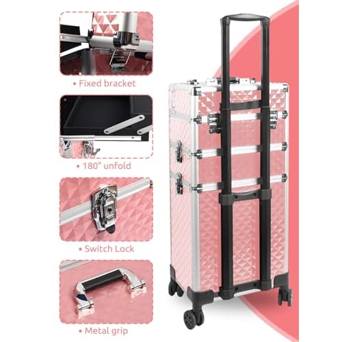 EBANKU Rolling Makeup Train Case Large Capacity Cosmetic Trolley, 3 in 1 Aluminum Professional Salon Travel Case with Key Swivel Wheels Traveling Cart Trunk for Hairstylists Nail Tech - Pink