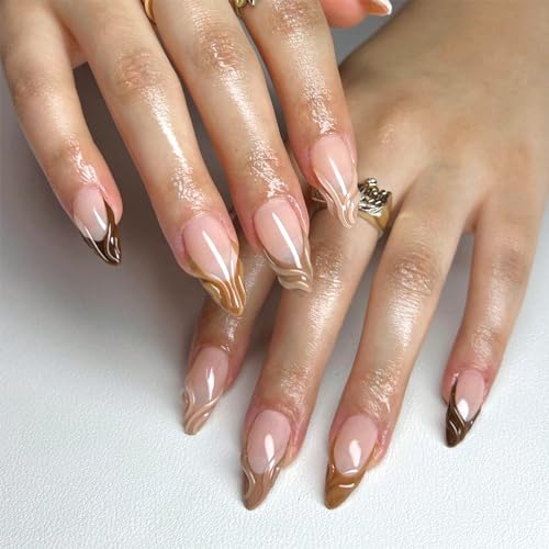 SINHOT Press on Nails Medium Almond Fake Nails Glossy Glue on Nails 3D Brown Chrome Acrylic Nails Stiletto Artificial Nails French Tip Stick on False Nails with Design 24 pcs