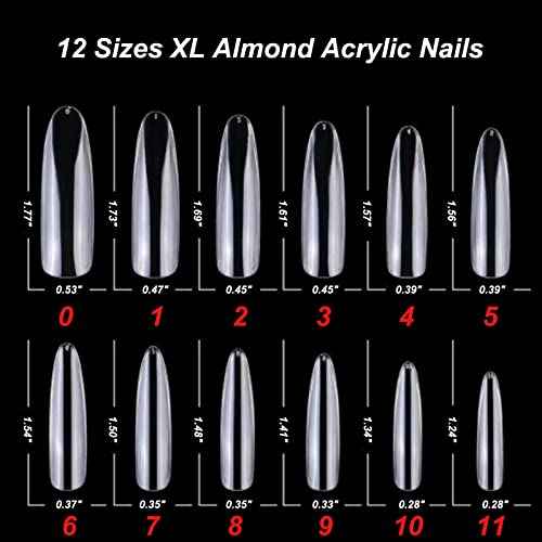 LoveOurHome 240pc XL Clear Almond Acrylic Nail Tips Full Cover Extra Long Fake Nails Oval Press on Nail Clear 12 Size False Naills for Gel Nail Extension Finernails Designs