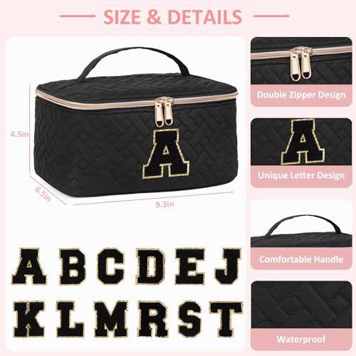 Gifts Initial Makeup Organizer Bag for Girls, Chenille Letter Personalized Cosmetic Bag with Zipper | Preppy Quilted Portable Makeup Pouch Teen Birthday Gifts Trendy for Women Friend (A)