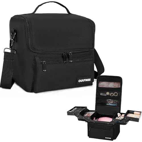 Makeup Travel Train Case, Black Makeup Carrying Organizer Bag, 4 Tier Professional Organizer Case with Straps Pockets for MakeUp Tools