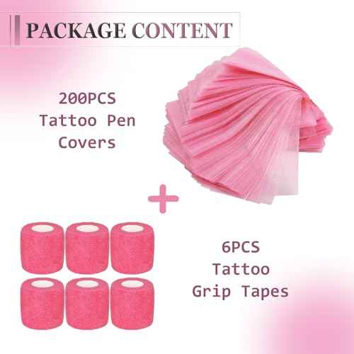 Tattoo Machine Covers with Grip Wrap - SOTICA 200pcs Pink Tattoo Pen Covers 2.56¡¿7.1" Machine Wraps and 6pcs Black Self-Adhesive Bandage for Tattoo Supplies