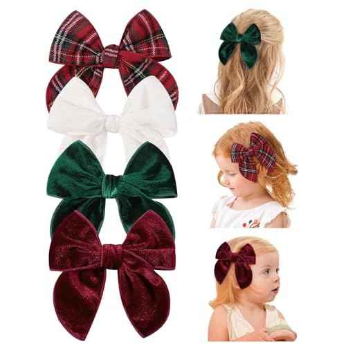 doboi 4PCS Baby Girls Hair Clips Large Christmas Fable Hair Bows Velvet Bows for Girls Gingham Hair Accessories for Baby Toddlers Kids