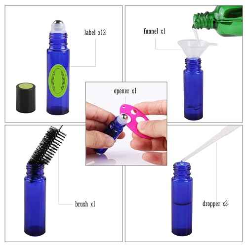 inice 12 Pack Essential Oil Roller Bottles 10ml Cobalt Blue Glass Bottles Stainless Steel Roll On Ball for Daily Care