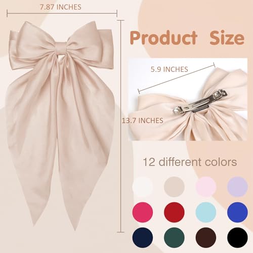12PCS Hair Bows for Women Big Silky Satin Bow Clips with Long Tails Oversized, Cute Halloween Christmas Hair Accessories for Women, Aesthetic Large Ribbons Bow