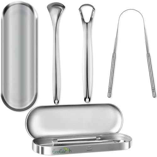 Tongue Scraper for Adults - 3 Pcs Metal Tongue Cleaner with Silver Storage Case - Tough Stainless Steel Mouth Scrubber for Fresh Breath & Oral Hygiene - by EcoEarth