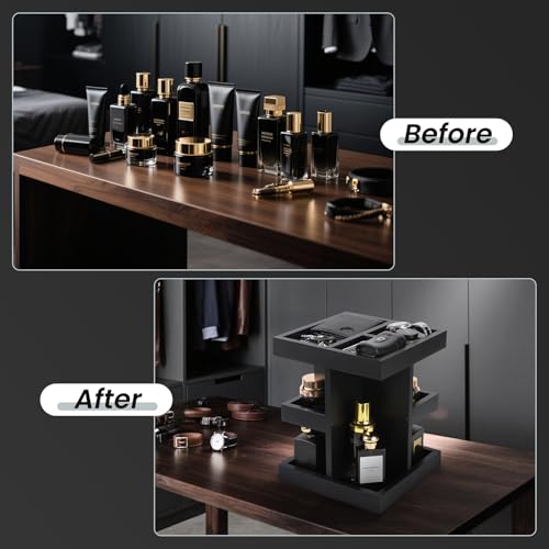 EXIN DECHEN Cologne Organizer for Men,Cologne Stand,3 Tier Large Capacity Wood Perfume Shelf with Rotate,Desk & Nightstand Organizer,Mens Husband Birthday Gifts Ideas,Christmas Gifts for Men(Black)